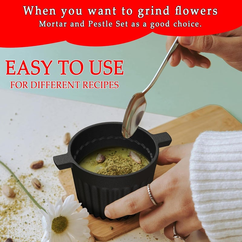 ENEM UKEMEN Cast Iron Mortar and Pestle Set, 3-Piece Small Garlic Grater Plate with Brush and Scoop, Heavy Duty Muddler and Bowl Grinder Set Perfect for Guacamole/Spices/Herbs/Solid/Metal/Glass/Rock - Image 4
